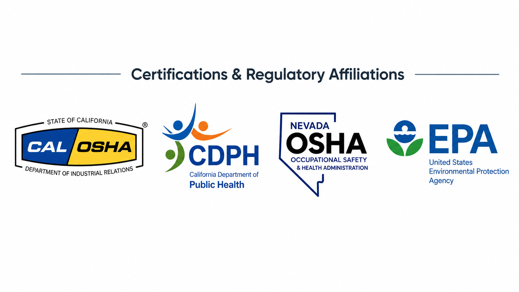 EPA, CDPH, Cal/OSHA, and State of California certification logos