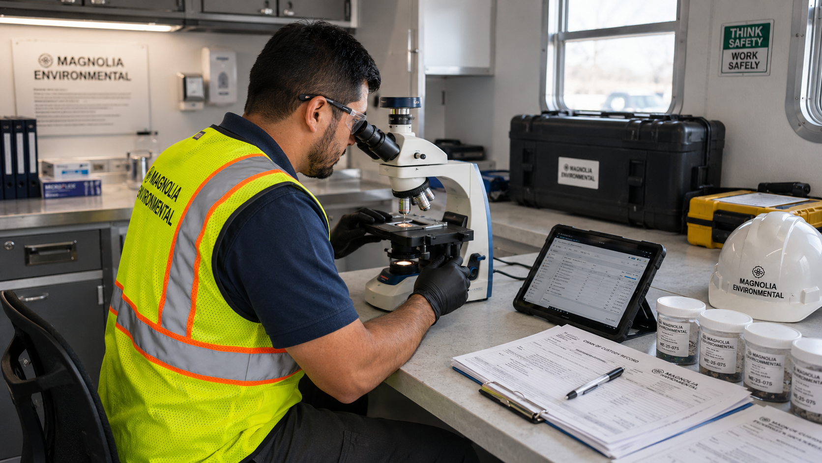 Magnolia Environmental crew conducting hazardous material testing on construction site