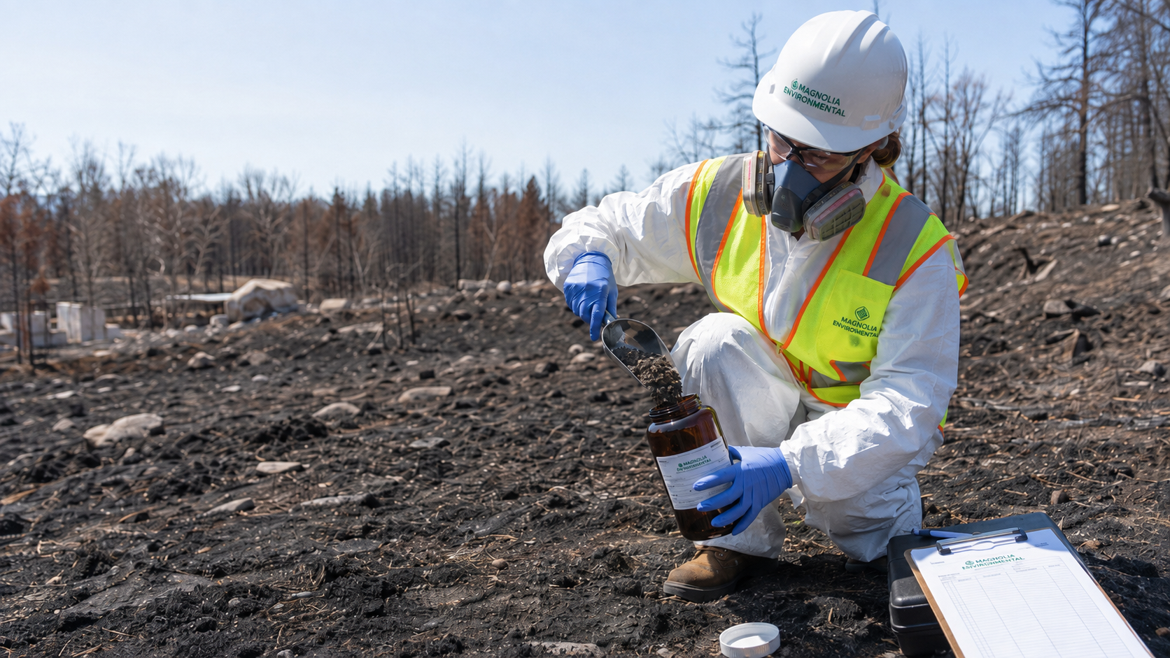 Magnolia Environmental technician in PPE conducting environmental assessment